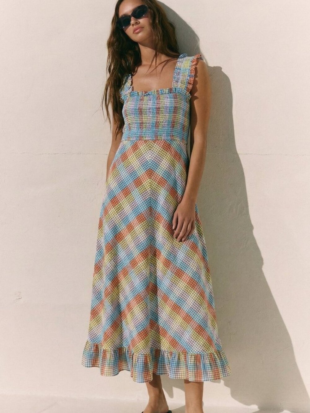 🌈NWT GANNI Multi-Color Seersucker Check Smocked Long Dress Size EU 38, 40 $285